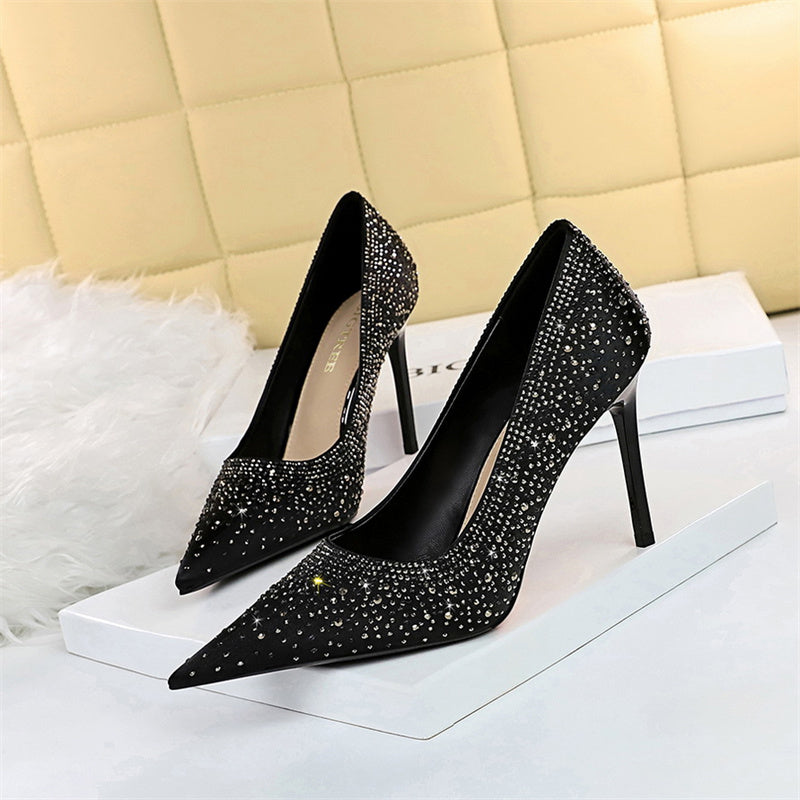 Shoes Black Sandal Strappy Heels With Ankle wrap with back zip closure and  Rhinestone Triangles and Peep Toe – Marian Style